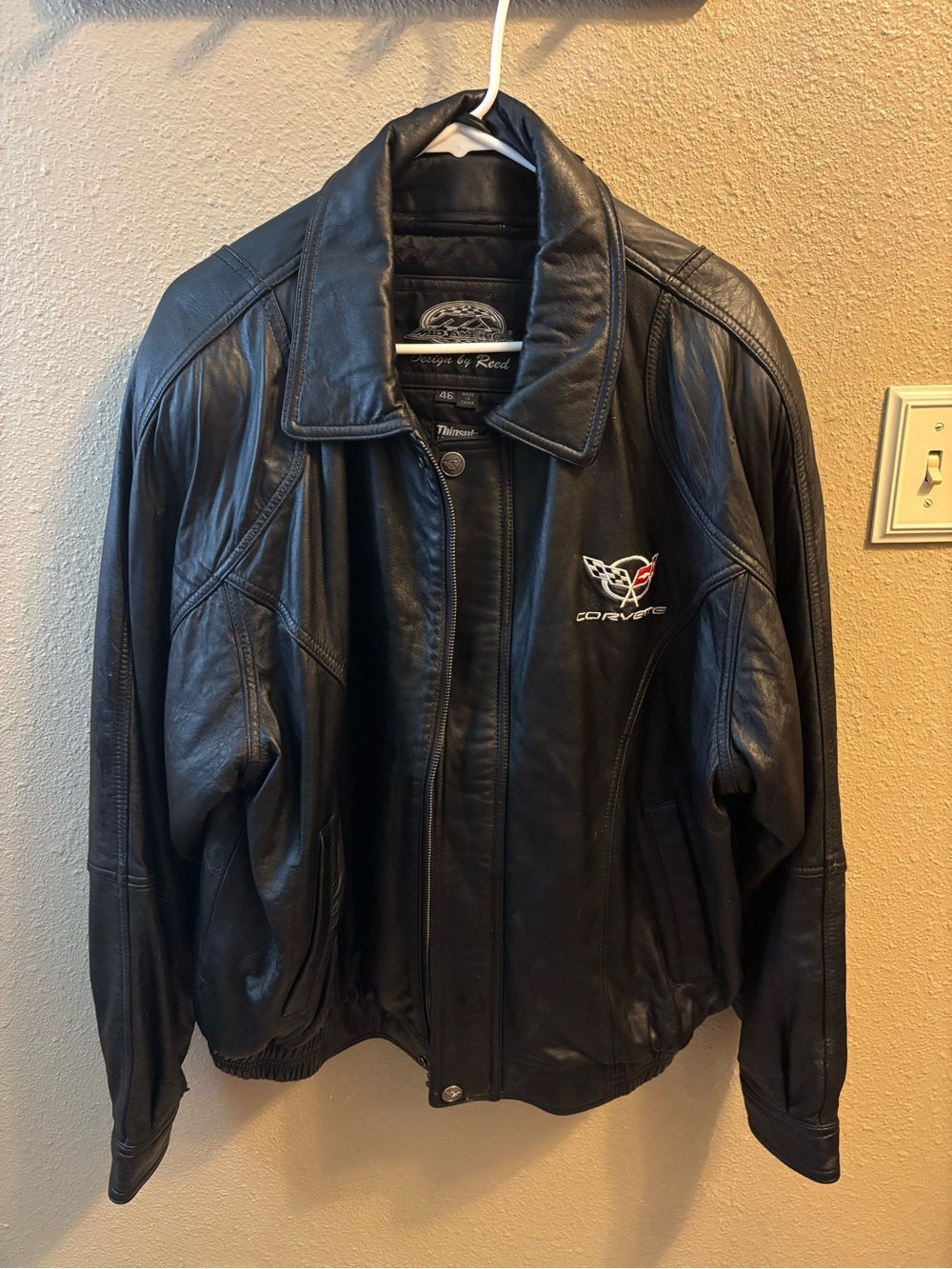 VTG Corvette C5 Black Leather Bomber  Size 46(2X) Zip Up Insulated Racing Jacket